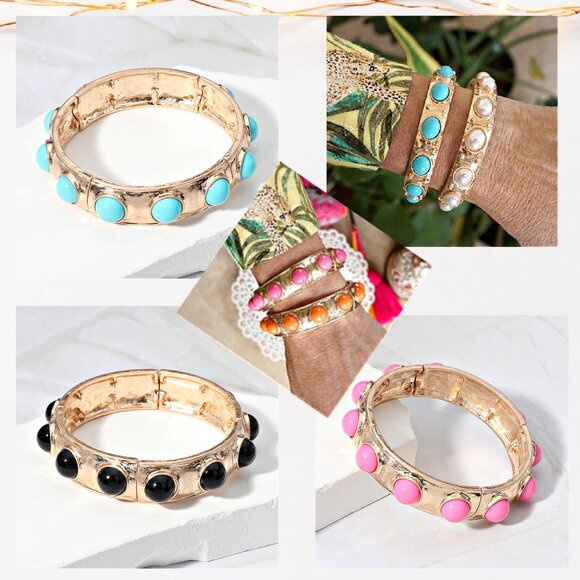 Baroque Vibe Gold Stretch Bangle Bracelets with Colorful Geometric Stones NEW - Picture 2 of 16